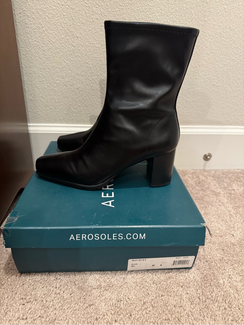 AEROSOLES Black Mid-Calf Square Toe Block Heel Boots - Picture 3 of 6